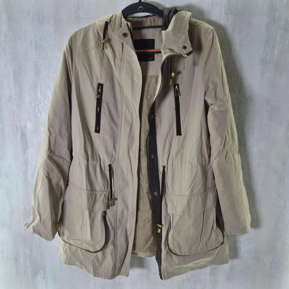 Zara Basic Jacket Womens Medium Beige Hooded Parka Zip Pockets Lined Insulated